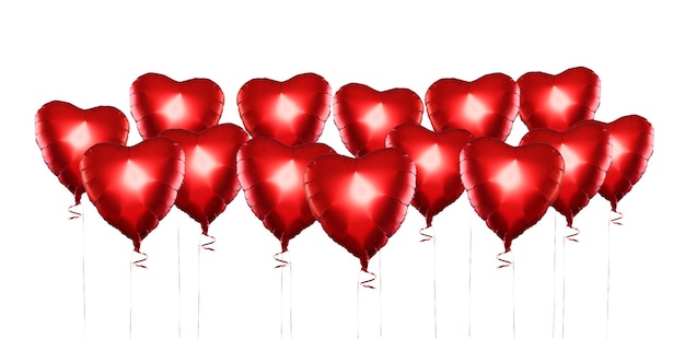 Set of Air Balloons. Bunch of red color heart shaped foil balloo