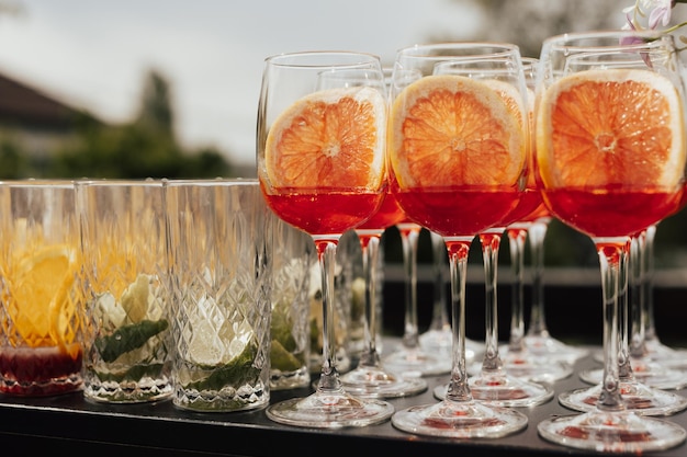 Set of alcoholic cocktails in glasses