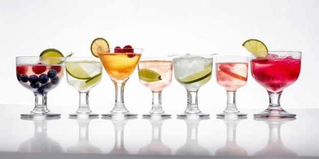 Set of alcoholic cocktails on white background and reflection on the floor