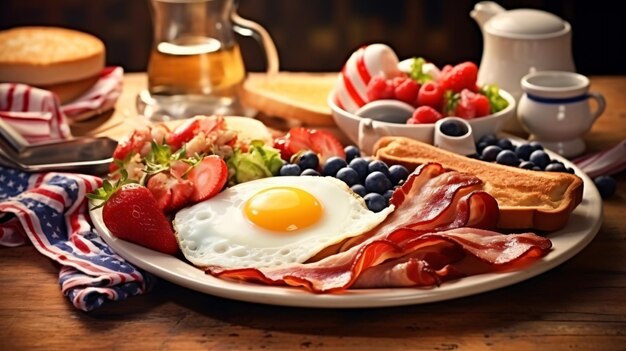 Set of American breakfast on table fried egg ham bacon