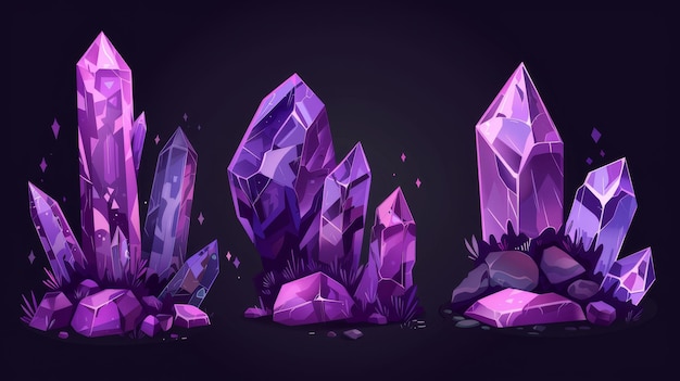 A set of amethist gemstone piles displaying different sizes on a dark background Cartoon modern illustration of purple crystals treasure piles glowing in darkness