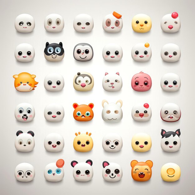 Foto set di volti di animali, emoji facciali, adesivi, emoticon, personaggi di mascotte divertenti di cartoni animati, set facciali, illustrazione generativa ai