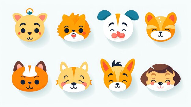 Set of animal faces face emojis stickers emoticonscartoon funny mascot characters face set