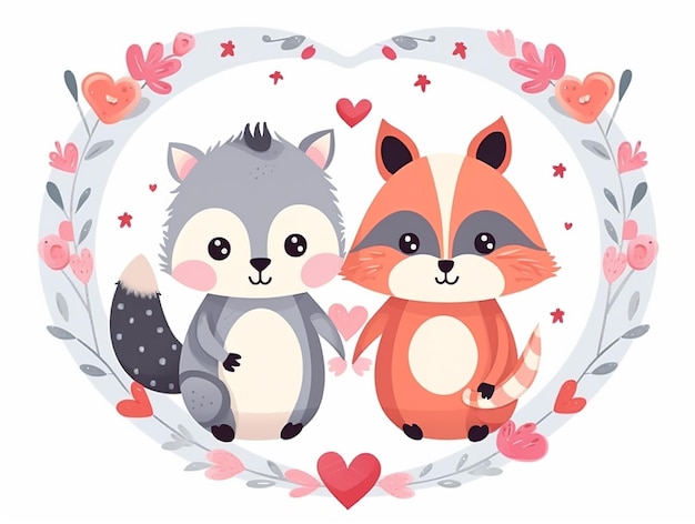 Set of animals illustrations in Water color cute animals hearts and flowers love card for valentine