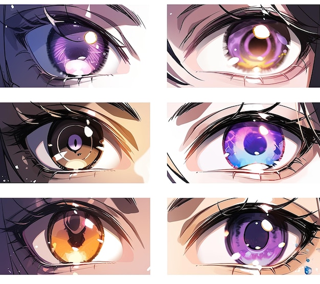 Photo set of anime female eyes with different types of makeup vector illustration