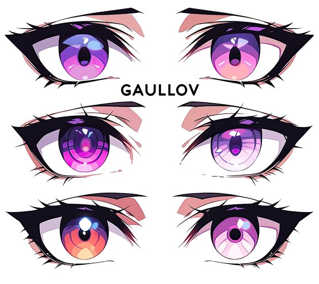 Set of anime female eyes with different types of makeup Vector illustration