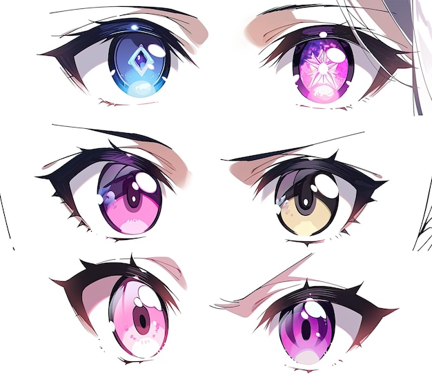 Set of anime female eyes with different types of makeup Vector illustration