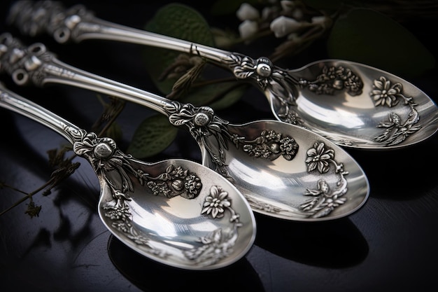 Set of antique silver spoons with delicate floral engraving created with generative ai