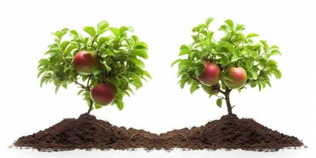 Set of Apple tree growing in the ground isolated on white background