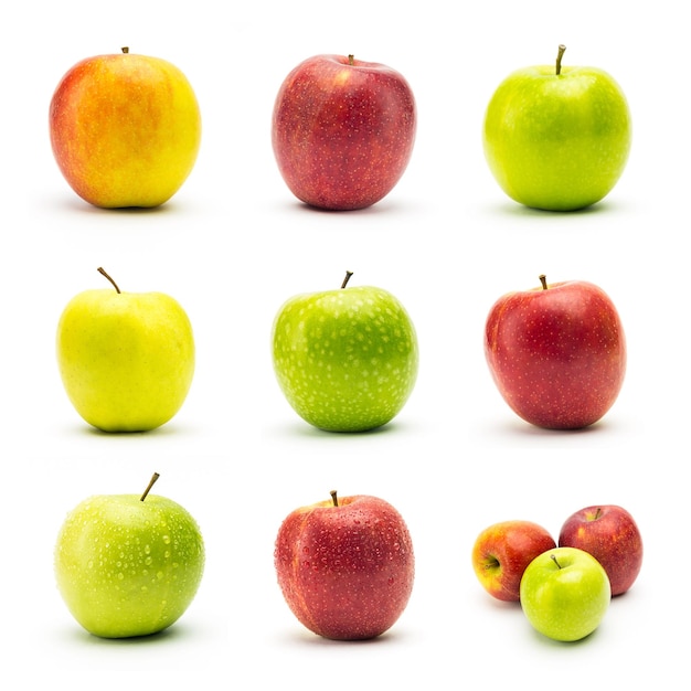 A set of apple varieties with dew drops isolated on white background. Taken in Studio with a 5D mark III.