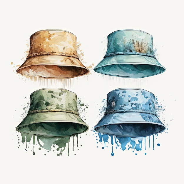 Set aquarel bucket hats in kleurrijk ontwerp