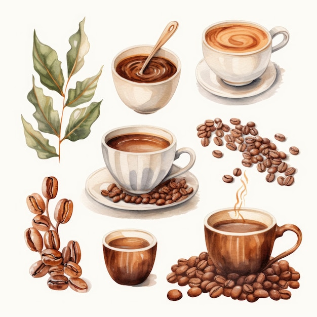 set aquarel koffie dag illustratie bonen koffie