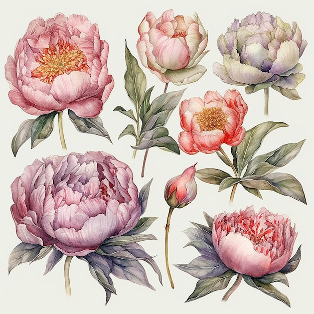 set aquarel pioenrozen met bladeren en bloemen