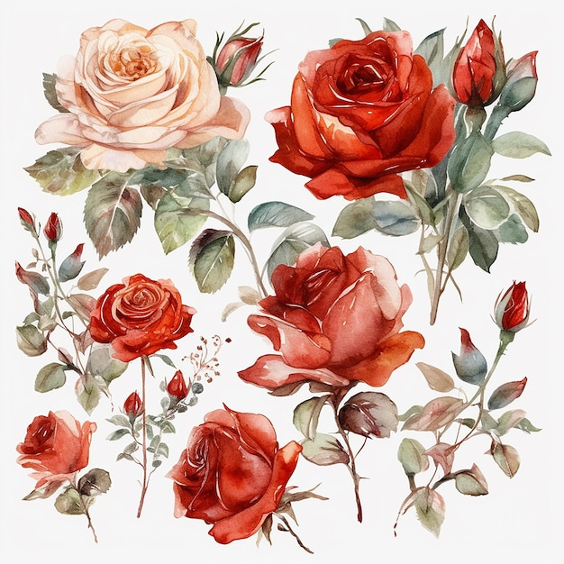 Set aquarel rode rozen geïsoleerd op een witte achtergrond