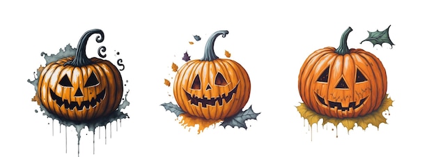 Set aquarel schattige halloween-pompoenen op transparante achtergrond ai gegenereerd