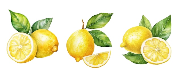 Set aquarel verse citroenen geïsoleerd op witte achtergrond Gemaakt met generatieve ai