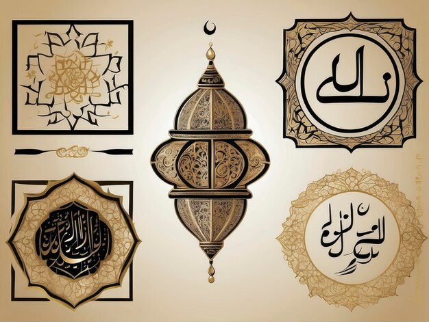 Photo a set of arabic calligraphys with a lantern and a crescent