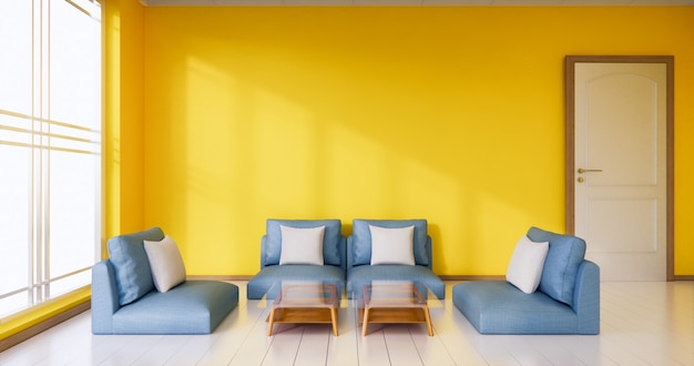 Установить кресло в японском стиле на оранжевой стене комнаты