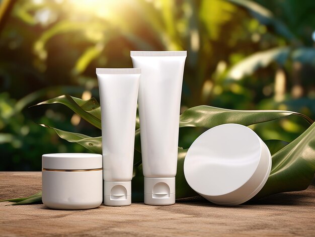 a set of Aroma spa product containers mockup on a natural background with green leaves and sunlight