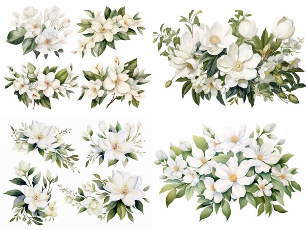写真 セットアレンジメント 白い花の花束の絵画