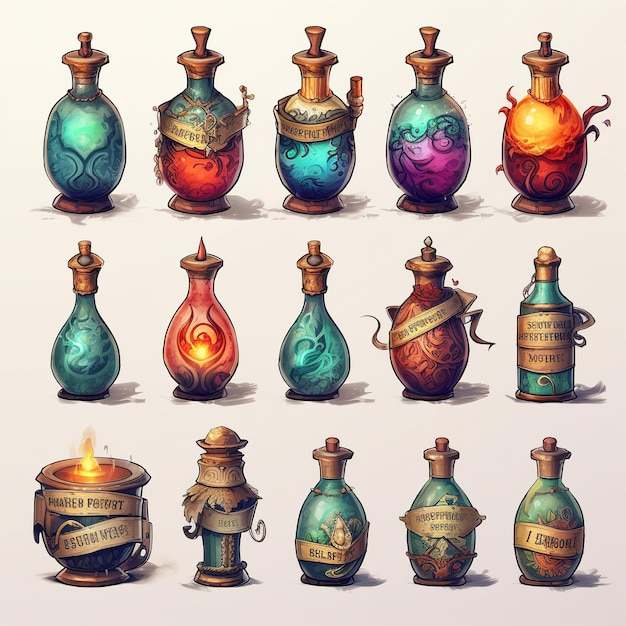 Photo set art of potion bottles illustration