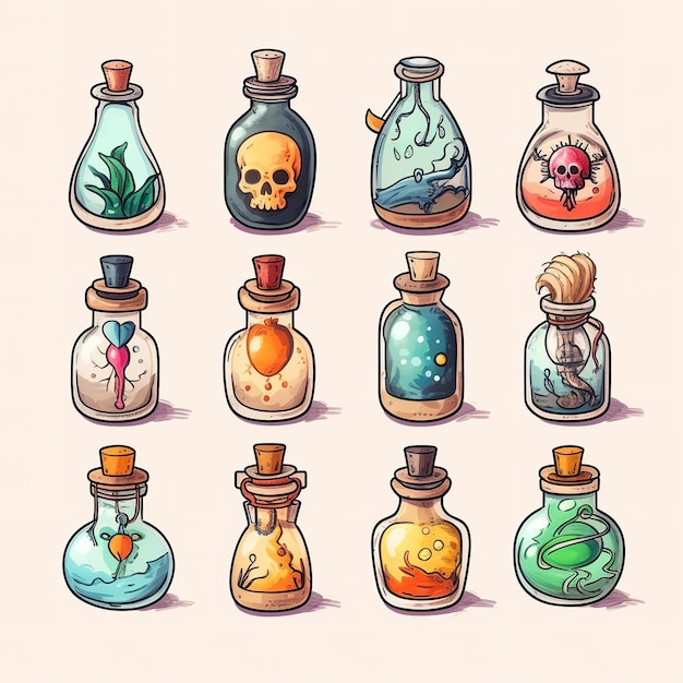 Photo set art of potion bottles illustration