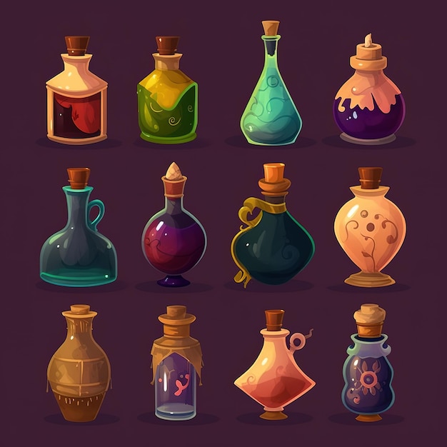Photo set art of potion bottles illustration