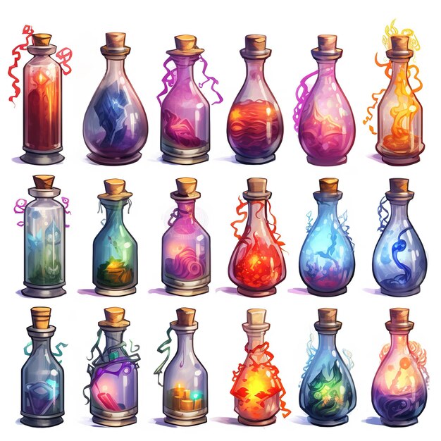 Photo set art of potion bottles illustration