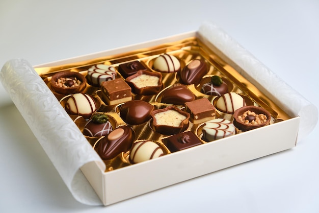 Set of assorted chocolates in a paper box on a bright background