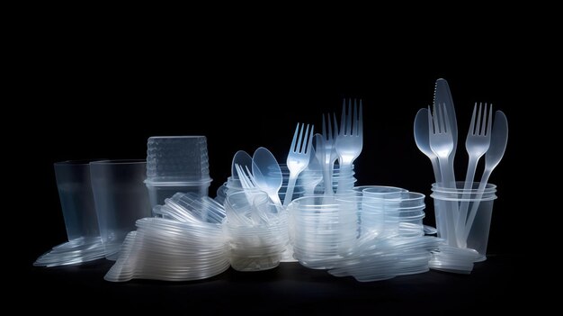 Set of assorted singleuse plastic on black background