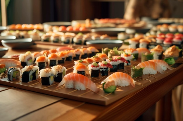 Набор разнообразных суши, разложенных на тарелке над деревянным столом, сгенерирован AI