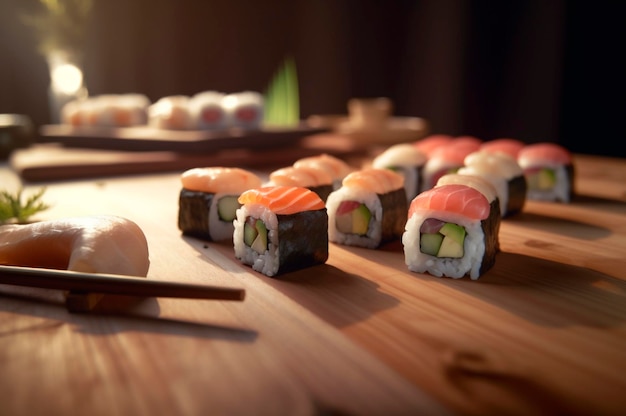 Set of assorted sushi arranged on plate over wooden table AI generated