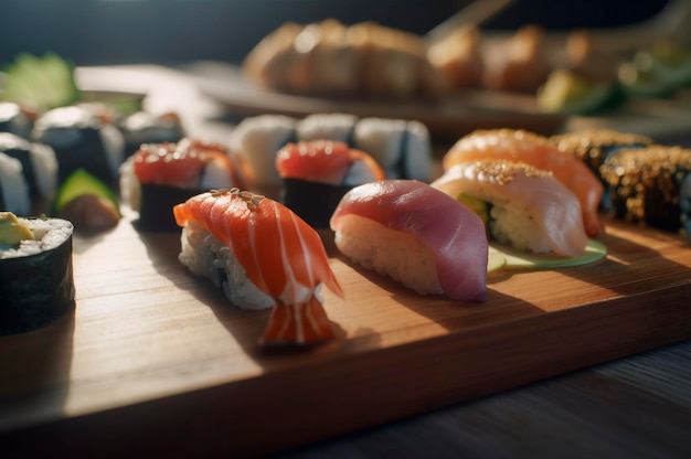 Set of assorted sushi arranged on plate over wooden table AI generated