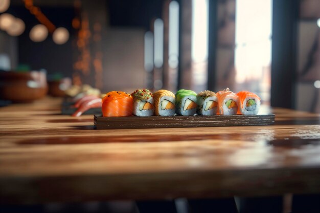 Set of assorted sushi arranged on plate over wooden table AI generated