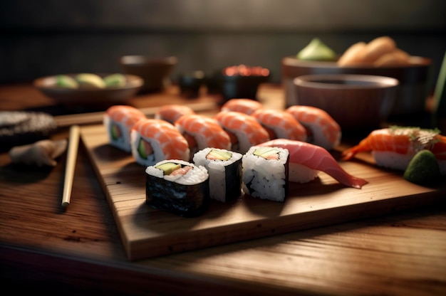 Set of assorted sushi arranged on plate over wooden table AI generated