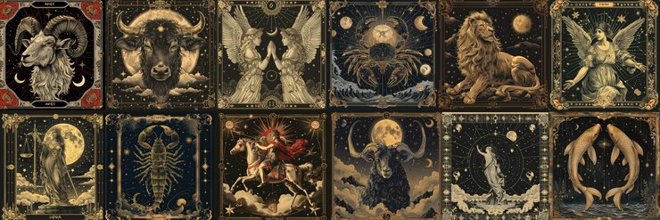 Photo set of astrological zodiac signs in the style of tarot cards in a vintage aesthetic