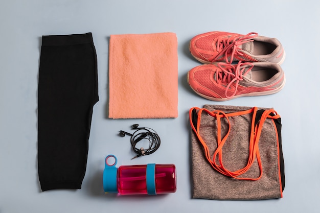 Photo set of athlete's sportswear and accessories