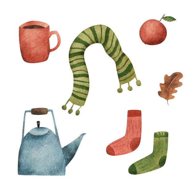 Set of autumn elements teapot socks scarf cup of tea Cozy autumn watercolor illustration