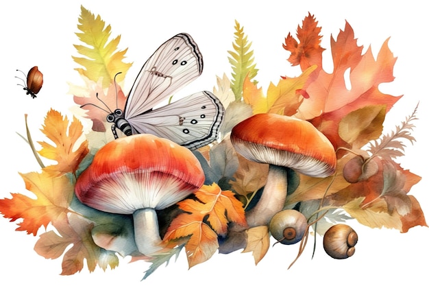 Foto set di foglie autunnali fiori funghi lumaca e farfalle dipinte in acquerello su sfondo bianco isolato ai generativa