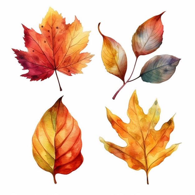 A set of autumn leaves in watercolor