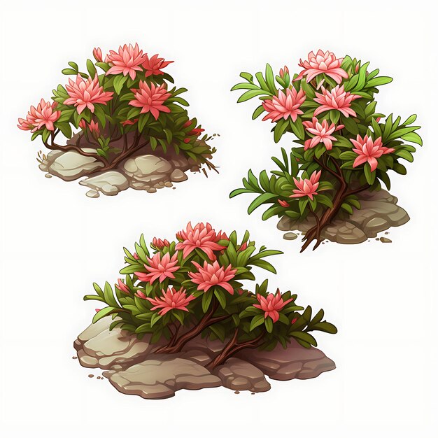 Photo a set of azalea bushes irregular shape of bushes decorated with small isolated on white bg clipart