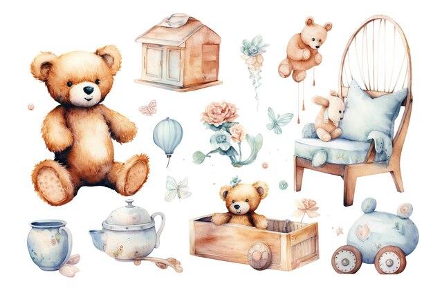 Set of baby teddy bear and nursery elements painted in watercolor on a white isolated background Generative AI