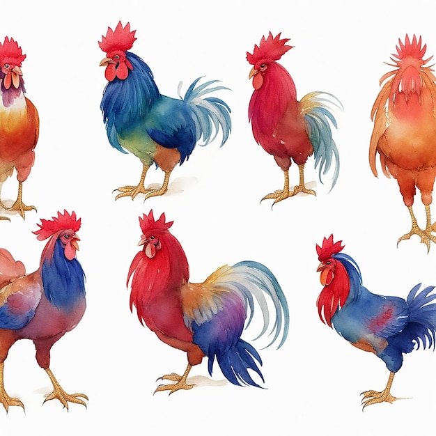 Set Of Back Of Colorful Male Rooster Isolated On White Background Watercolor Colorful Rooster