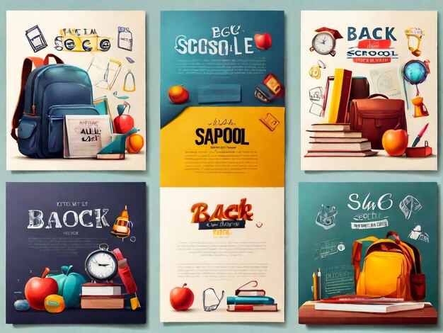 Photo set of back to school banners with colour pencils and hand drawn doodle backgrounds vector illustration