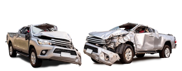 Set of Back and side view of gray or bronze pickup car get damaged by accident on the road damaged cars after collision isolated on white background with clipping path