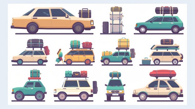 Foto set di vedute posteriori di un'auto all'interno con valigie borse da viaggio e persone che guidano in vacanza estiva weekend campeggio viaggiando e spostando cose con cose illustrazioni piane moderne