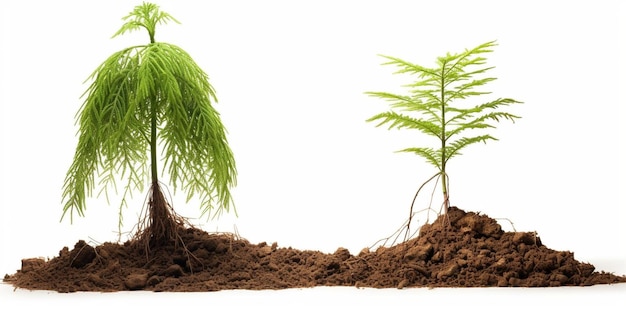 Set of Bald Cypress tree growing in the ground isolated on white background