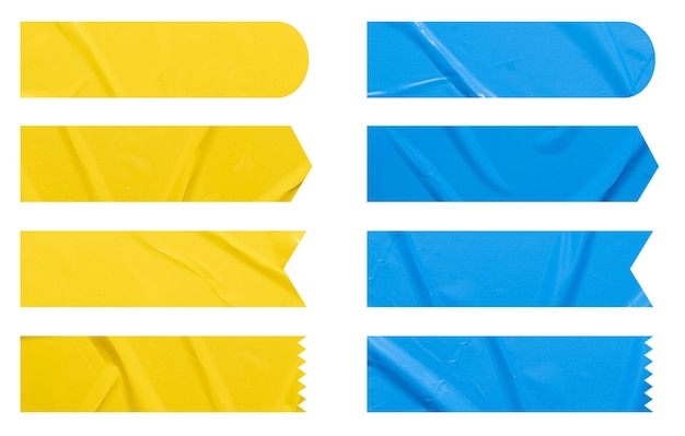 Photo set of banner yellow and blue stickers paper mock up blank tags labels of different shapes isolated on white background with clipping path for design work