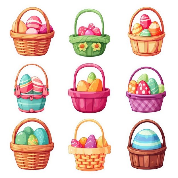 Photo set of baskets with easter eggs on a white background