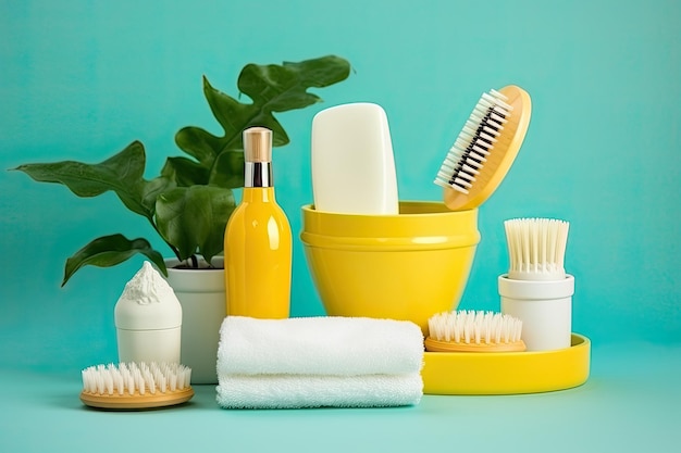 Set of bath accessories on color background